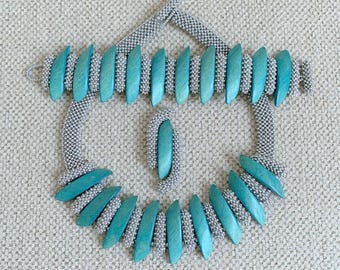 Elegant One of a Kind Turquoise & Silver Beadwoven Jewelry Set: Necklace, Bracelet, Brooch