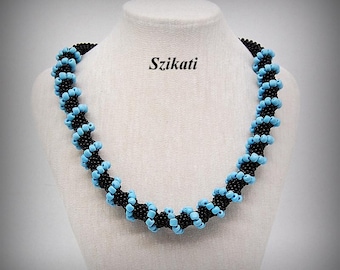 Beadwoven Statement Necklace: Black & Blue Seed Bead Art Jewelry