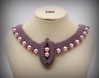 Purple Beadwoven Metal-free Necklace with Light Pink Pearl Beads, Elegant Women's Accessory, OOAK Beaded High Fashion Jewelry, Gift for Her