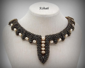 Beadwoven Statement Necklace: Dark Brown Seed Beads, Pearl Accent