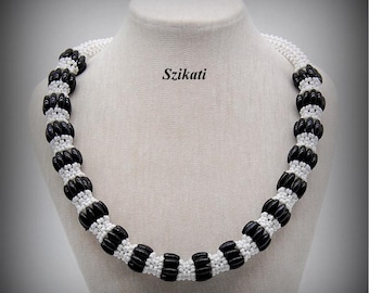 Black White Statement Beadwoven Necklace: RAW Bead Art Fashion Jewelry