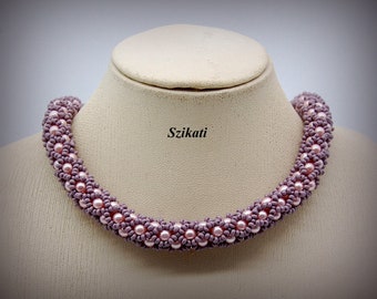 Purple Beadwoven Necklace with Light Pink Pearl Beads, Elegant Women's Accesssory, OOAK Beaded High Fashion Jewelry, Gift for Her, Beadwork