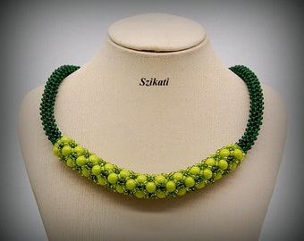 Green Beadwoven Necklace, Women's Accessory, OOAK Beaded High Fashion Jewelry, Gift for Her, Tubular Netting, RAW Bead Art, Unique Beadwork