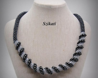 Gray Beadwoven Necklace: Cellini Spiral, Graphite Pearl Beaded Jewelry