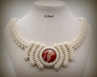 Beadwoven Statement Necklace: Beige Seed Beads, Brown Cabochon