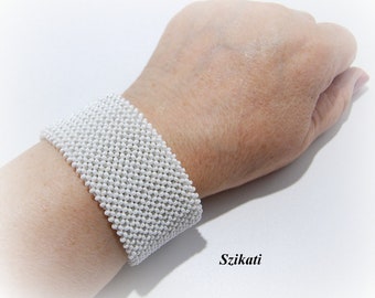 White Beadwoven Metal-free Wide Cuff Bracelet, Elegant Women's Accessory, OOAK Beaded High Fashion Bridal Jewelry, Gift for Her, Bead Art