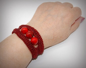 Red Beadwoven Metal-free Bracelet, Original Beadwork, Unique Bead Art, RAW, Women's Accessory, OOAK Beaded Fashion Jewelry, Gift for Her