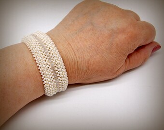 Beige Beadwoven Bracelet, Metal-Free Fashion Jewelry, Right Angle Weave