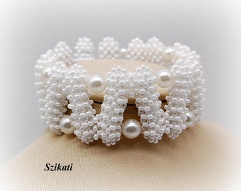 White Beadwoven Metal-free Cuff Bracelet, OOAK Women's Accessory, Elegant Beaded High Fashion Wedding Jewelry, Gift for Her, Seed Bead Art