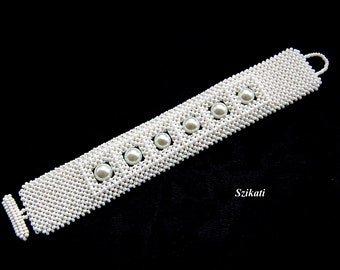 White Metal-free Beadwoven Bracelet, Elegant Women's Accessory, OOAK Beaded High Fashion Wedding Jewelry, Gift for Her. Original Beadwork