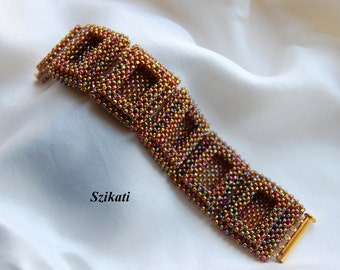 Bronze Beadwoven Cuff Bracelet, Original Beadwork, OOAK Beaded High Fashion Jewelry, Wearable Bead Art, RAW, Women's Accessory, Gift for Her