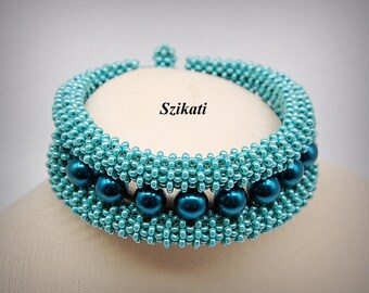 Turquoise Metal-free Beadwoven Bracelet, Elegant Women's Accessory, OOAK Beaded High Fashion Jewelry, Gift for Her, RAW, Original Beadwork