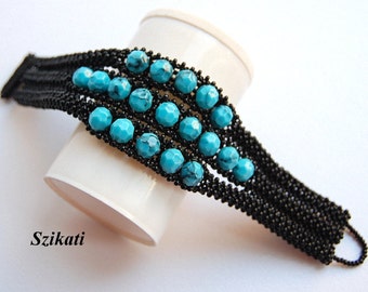 Blue Black Metal-free Beadwoven Bracelet, Women's Accessory, OOAK Beaded High Fashion Jewelry, Gift for Her, RAW Bead Art, Original Beadwork