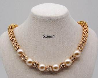 Gold Beadwoven Pearl Necklace: Elegant Seed Bead Art Jewelry