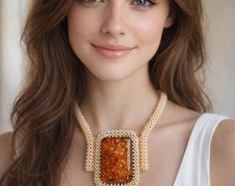 Beige Beadwoven Necklace: Honey Brown Cabochon, OOAK Bead Art