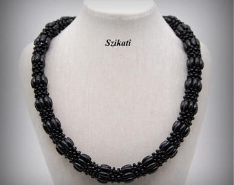 Black Beadwoven Statement Necklace: Elegant OOAK Fashion Jewelry