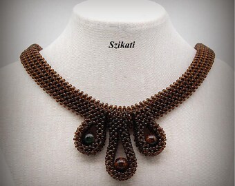 Beadwoven Statement Necklace: Dark Brown Seed Bead Art, Metal-Free