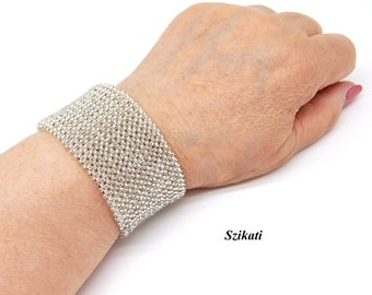 Silver-lined Clear Beadwoven Cuff Bracelet, Elegant Beaded Women's Accessory, Original Seed Bead Art, OOAK Wedding Jewelry, Gift for Her