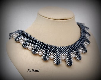 Graphite Gray Silver Beadwoven Necklace with Pearls, OOAK Statement Jewelry, Elegant Accessory