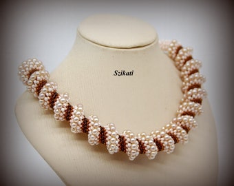 Beige Brown Seed Beadwoven Necklace, Cellini Spiral, Original Design Accessory