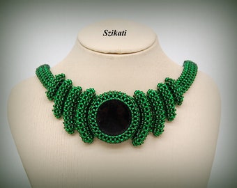 Green Beadwoven Necklace: Black Cabochon, Elegant Bead Art