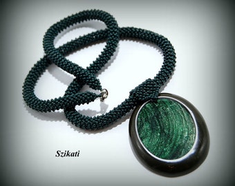 Dark Green Beadwoven Pendant Necklace, Original Beradwork, Women's Accessory, Unique RAW Bead Art, OOAK Beaded Fashion Jewelry, Gift for Her