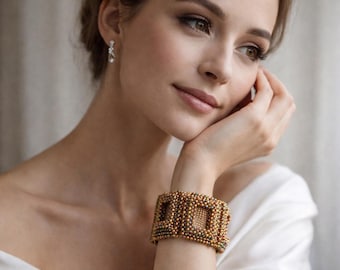Pulseira de punho trançada com miçangas de bronze: Joias exclusivas de miçangas