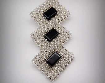 Silver-lined Clear Black Beadwoven Brooch, Elegant Women's Accessory, OOAK Beaded High Fashion Jewelry, Gift for Her, RAW, Original Beadwork
