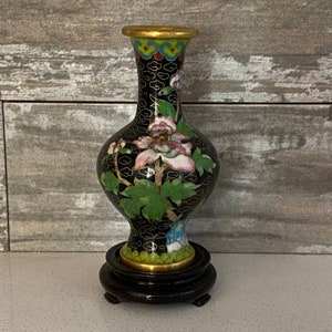 Jarrón cloisonné con soporte pequeño floral negro