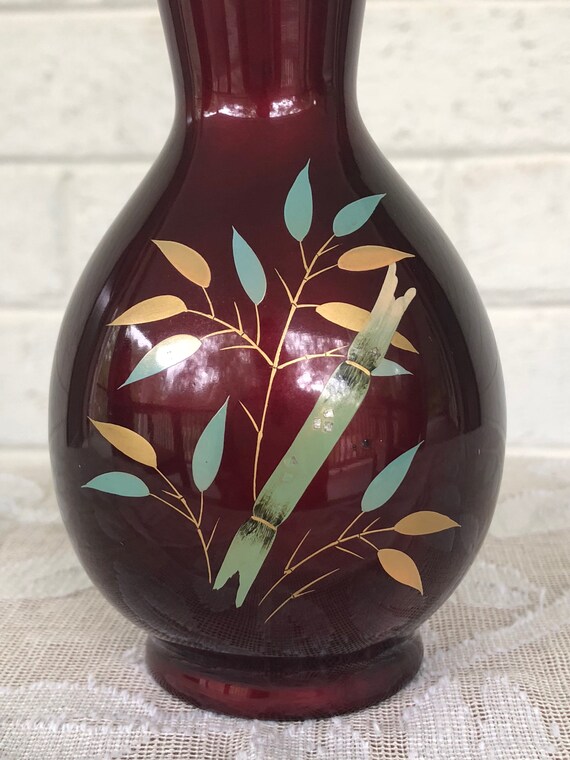 Vintage Maruni Oxblood Red Lacquerware Fluted Vase Artist Signed Made in Japan