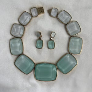 Elie Saab Sea Green Glass Necklace & Earrings: Vintage Italian Gold Vermeil