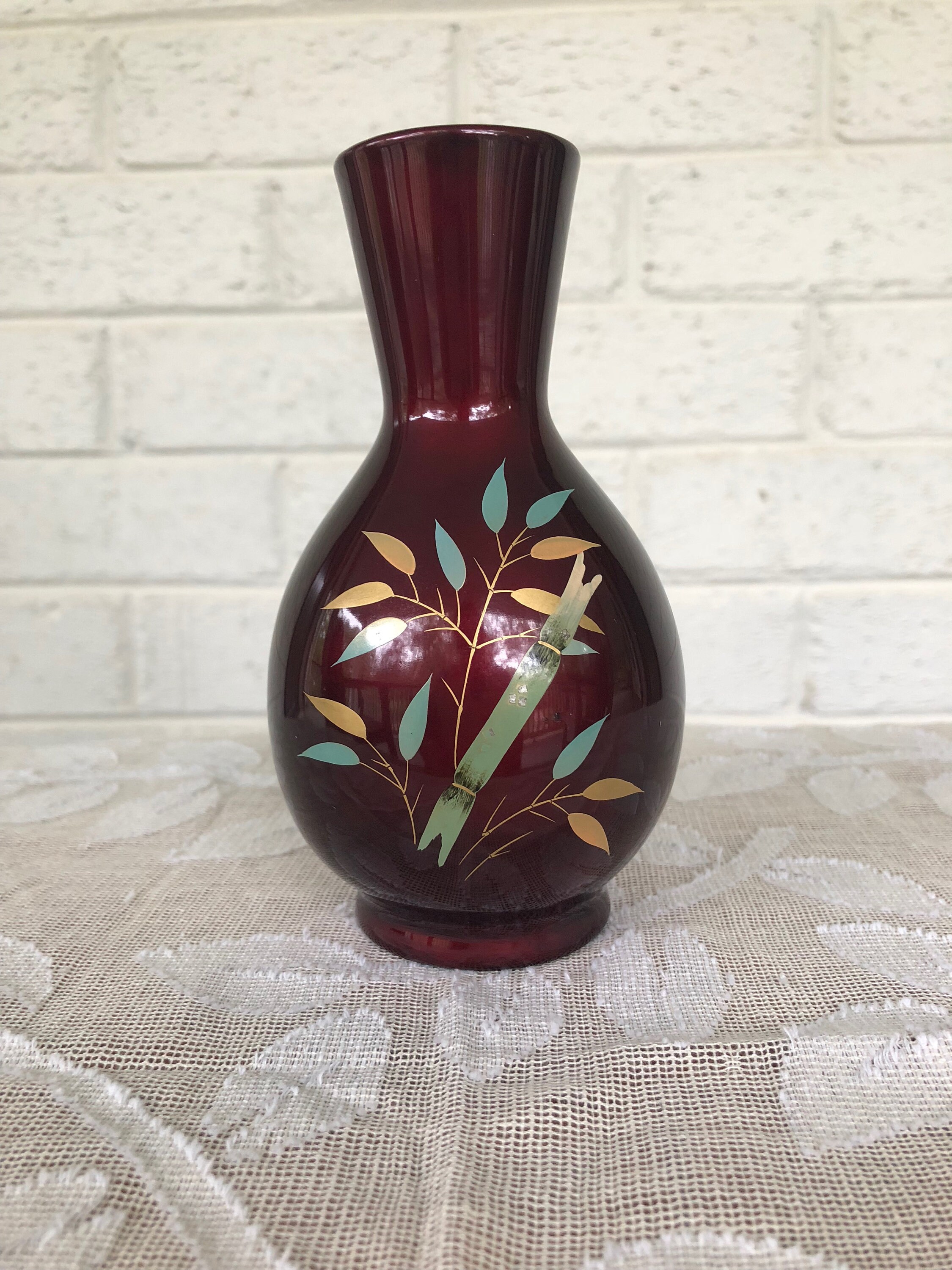 Vintage Maruni Oxblood Red Lacquerware Fluted Vase Artist Signed Made in Japan