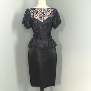 1980s Gunne Sax by Jessica McClintock Blue and Black Lace Satin Dress