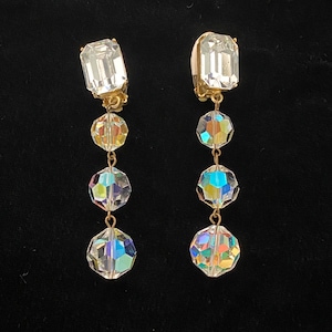 Les Bernard Iridescent Crystal Dangle Clip Earrings