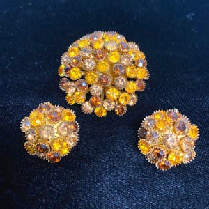 1950s Yellow and Amber Rhinestone Brooch & Clip Earrings Set
