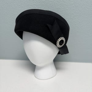 Mr. John Black Wool Felt Hat with Ribbon and Rhinestone Pin 1960s