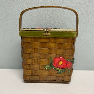 1970s Floral Basket Purse Green Velvet Red Camellias