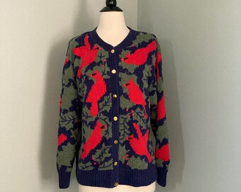 1980s Orvis Christmas Holiday Cardigan Birds Cardinals