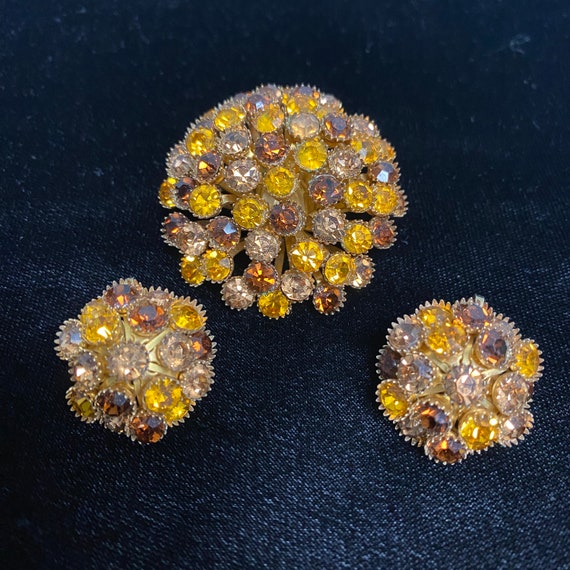 Yellow and Amber Rhinestone Brooch & Clip Earring… - image 1