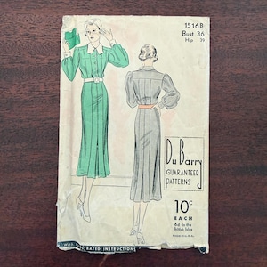 May include: Vintage Du Barry dress pattern featuring illustrations of two dresses. The pattern is marked with the number 1516B, bust 36, and hip 39. The pattern includes the text "Guaranteed Patterns" and "Illustrated Instruction".