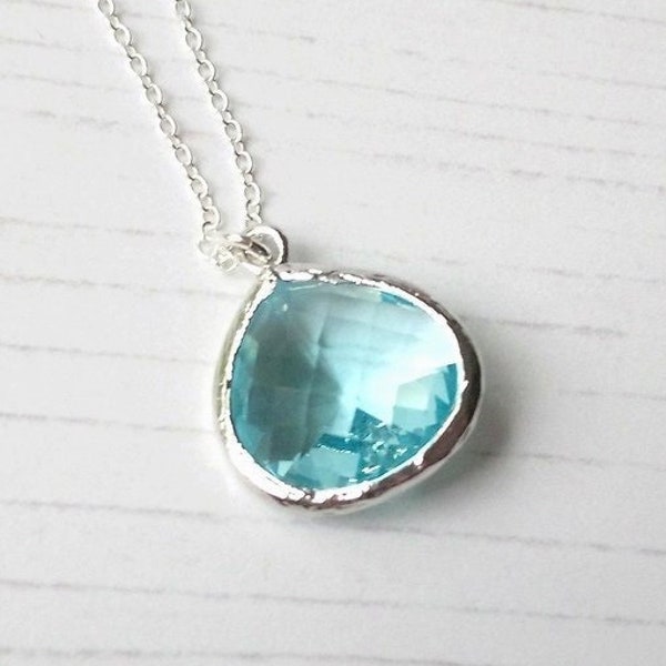 Aquamarine Necklace | March Birthstone | Light Blue Crystal Glass Pendant |  Rhodium or Sterling Silver Chain | Aqua Jewellery