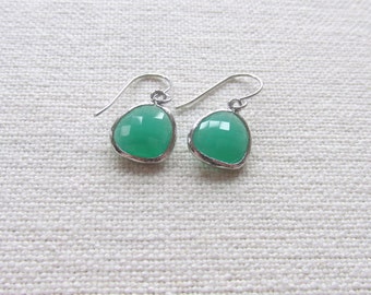 Jade Green Dangle Earrings, Silver Dainty Earrings