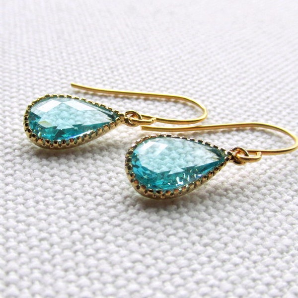 Aquamarine Tear Drop Earrings Gold Petite Light Blue Dangle Bridal Jewelry Glass Crystal Elegant Oval Stone