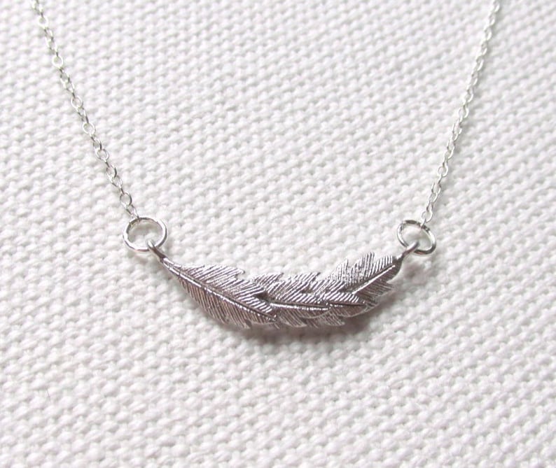 Dainty Feather Necklace Cute Charm Necklace Rhodium or Sterling Silver Chain Delicate Feather Jewelry
