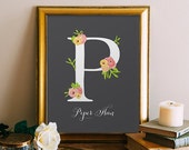 Nursery Letter Art Print Girl, Wall Decor, Nursery floral printable flower calligraphy monogram, Initial, custom digital Printable Wisdom