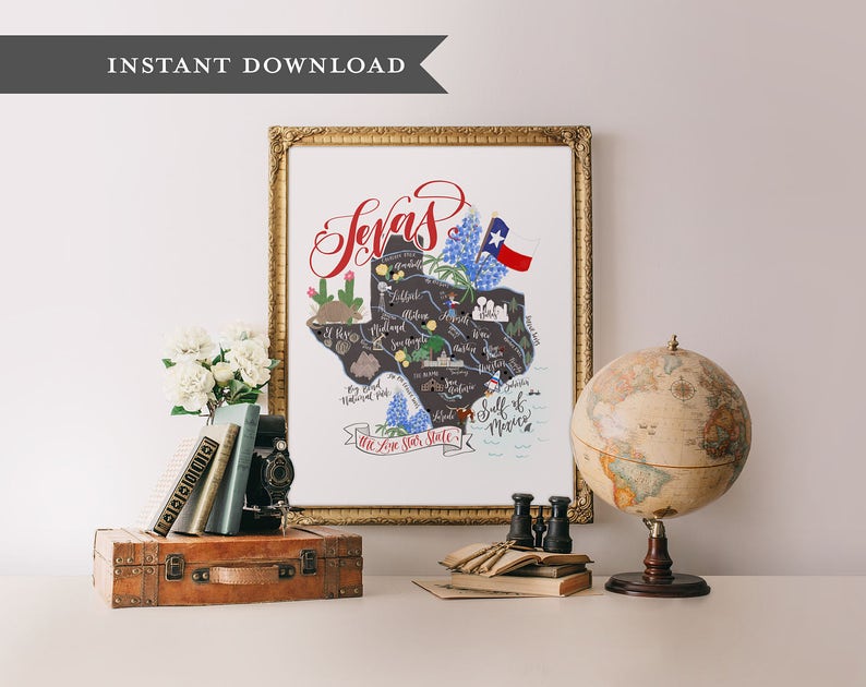 Texas map art, illustrated texas map, texan art, calligraphy print, texas print, texas printable art, printable wisdom, texas art print 