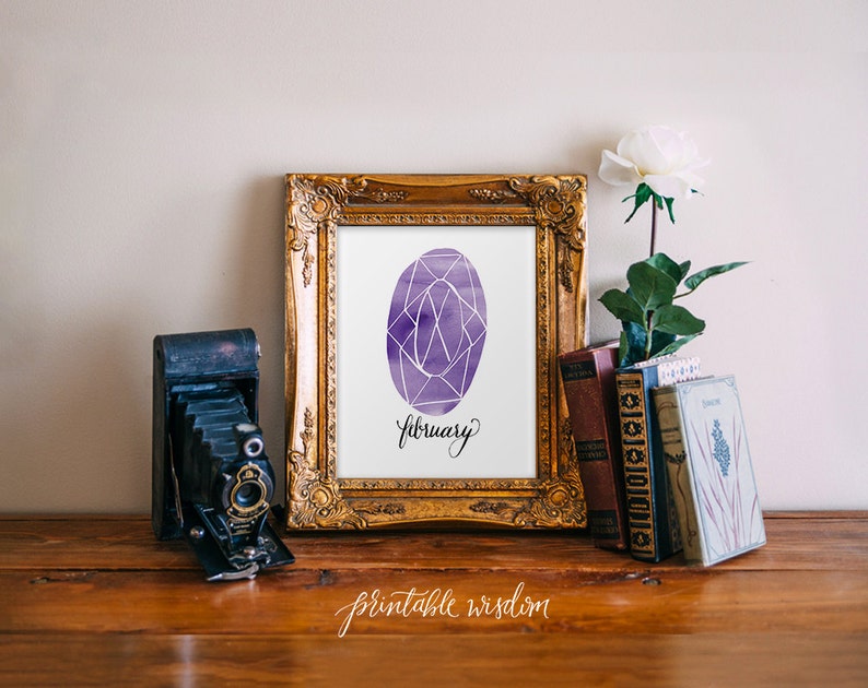 Birthstone art print printable wall art decor, February amethyst printable wisdom, watercolor gemstone art printable wall decor, nursery art 