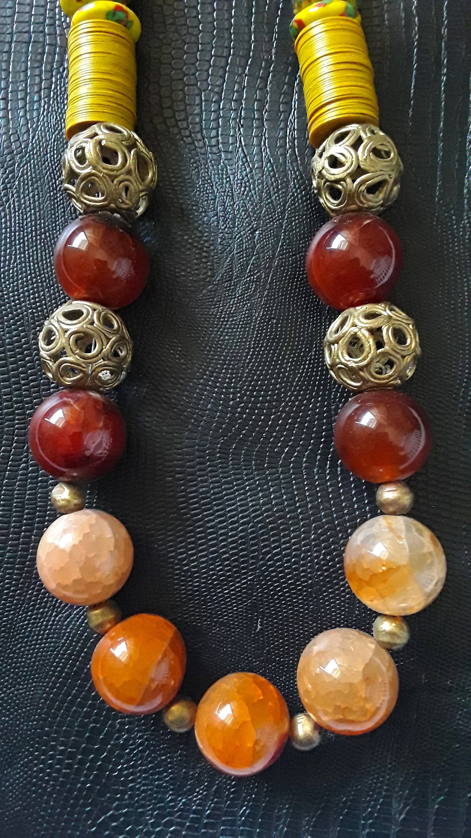 Handcrafted African Beaded Statement Necklace - Navy Blue & Gold Geometric Design