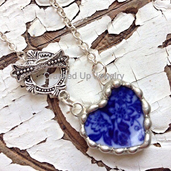 Broken China Jewelry. Broken China Necklace, Flow Blue China, Dainty Heart Necklace