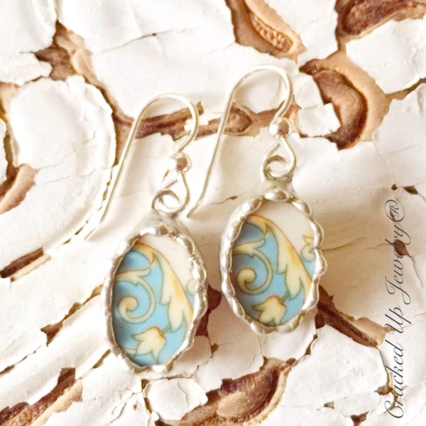 Broken China Jewelry. Broken China Earrings, Turquoise, Steubenville Pottery, Sterling French Wire